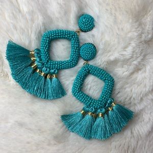 Teal blue beaded tassel earrings